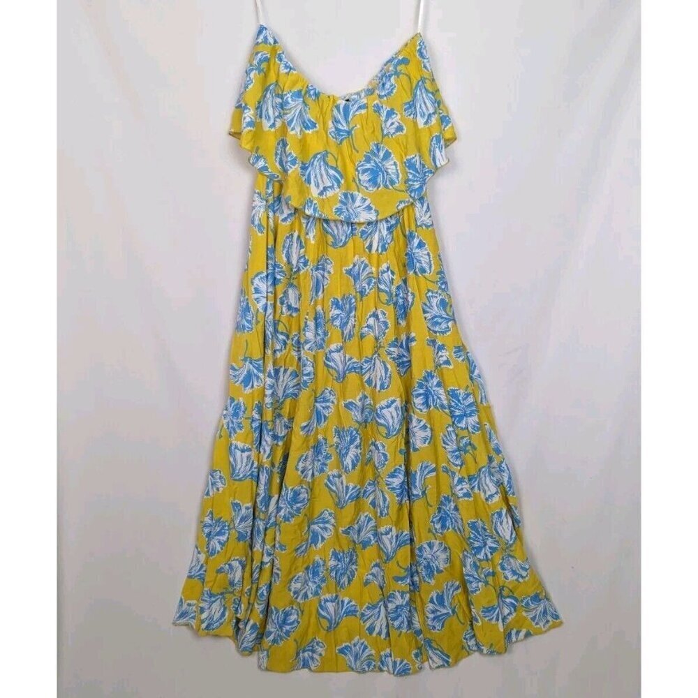 Lulus L Love Boldly Yellow Floral Print Strapless Maxi Dress High Slit Tropical - Picture 8 of 15